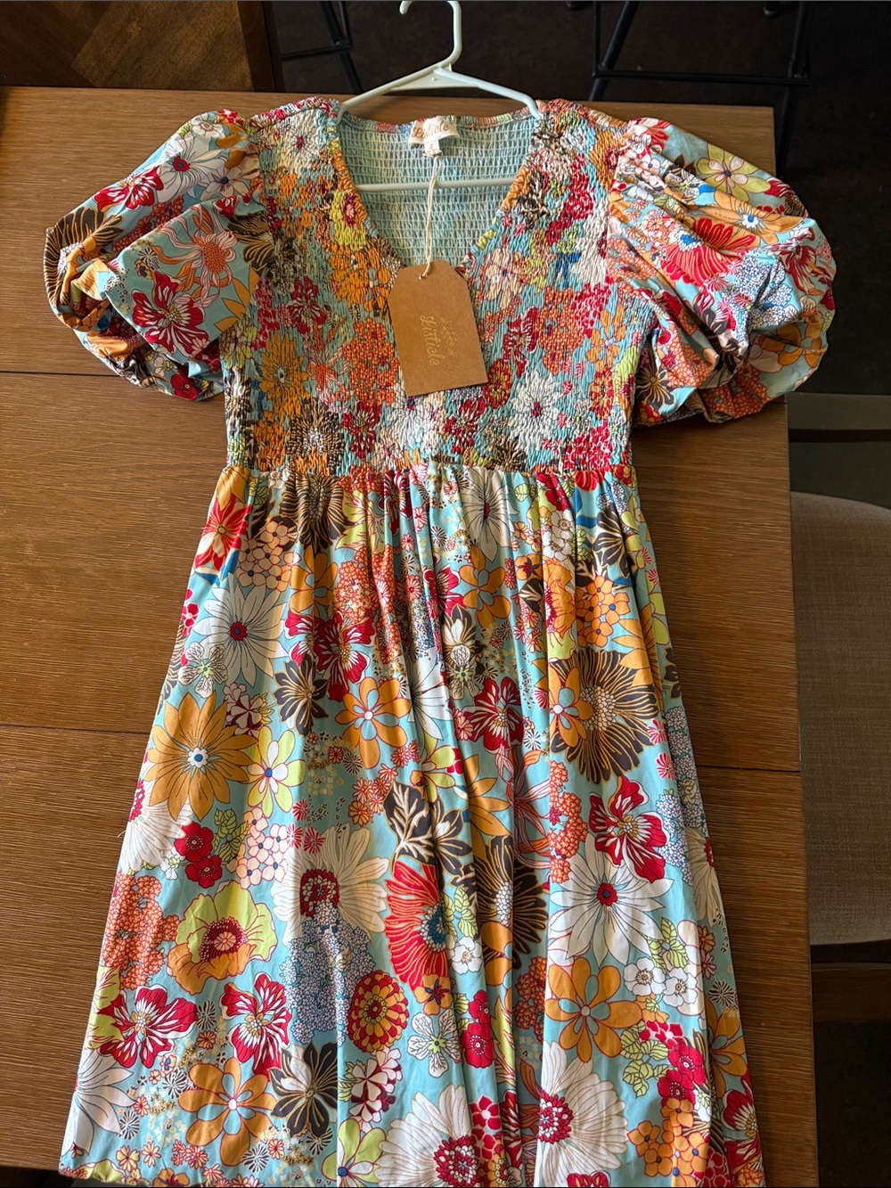 Listicle Multi Floral Smocked Puff Sleeve Dress - Aqua, Yellow, Red